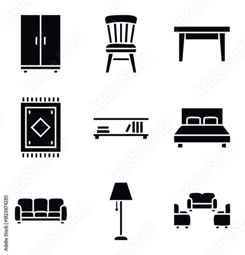 Collection of black silhouette icons representing household furniture including wardrobe, chair, table, rug, bookshelf, bed, sofa, floor lamp, and seating arrangement for home decor
