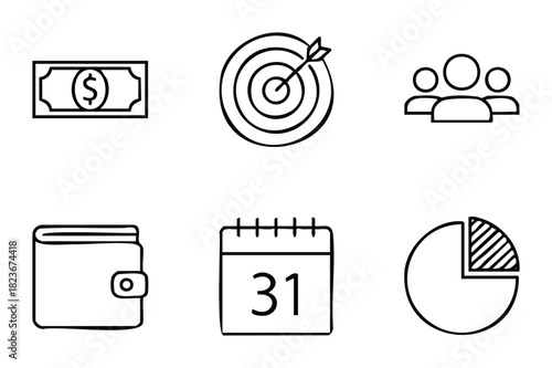 Set of financial and business icons including money, target, team, wallet, calendar and pie chart for presentations and planning.