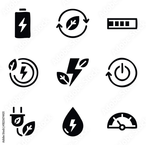 Collection of ecofriendly energy icons including battery, leaf symbol, power button, lightning bolt, and plug representing sustainable power and renewable resources for green technology