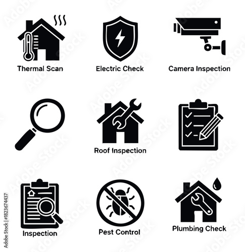 Collection of service icons for home inspection, repair and security services, perfect for websites and marketing materials promoting building services.