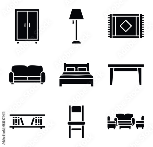 Collection of modern furniture icons representing a wardrobe, floor lamp, rug, sofa, bed, table, bookshelf, chair, and living room set for interior decoration ideas