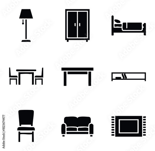 Collection of furniture icons including floor lamp, wardrobe, bed, dining table with chairs, desk, bookshelf, single chair, sofa, and rug for interior design and home decor concepts.
