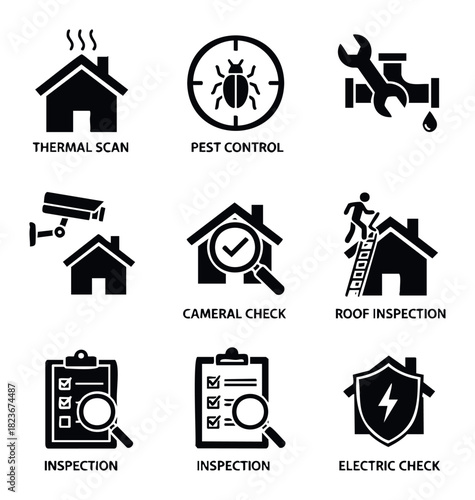 Collection of house inspection service icons including thermal scan, pest control, camera check, roof inspection, general inspection, and electric check for home maintenance and property
