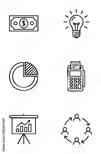 Set of flat business icons depicting money, a lightbulb for ideas, a pie chart for analytics, a point of sale machine, a presentation board, and people collaborating in a circle for