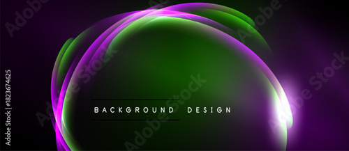 Abstract neon layers create vibrant oval shape. Dark background emphasizes glowing purple, green hues. Modern design element.