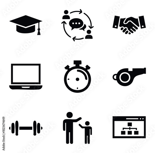 Collection of business and education icons representing learning, teamwork, agreement, technology, and fitness for use in presentations and apps.