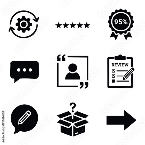 Collection of nine black icons representing feedback, customer service, quality, and communication, perfect for use in web interfaces, apps, and presentations.