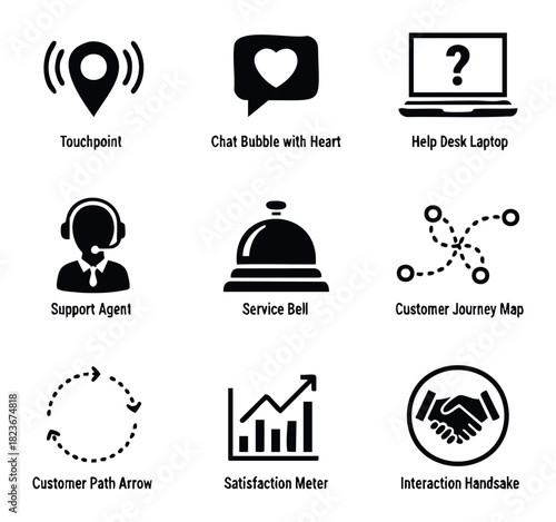 Collection of nine vector icons representing customer service and business concepts like touchpoint, chat, support agent, and satisfaction, ideal for web and app interfaces.