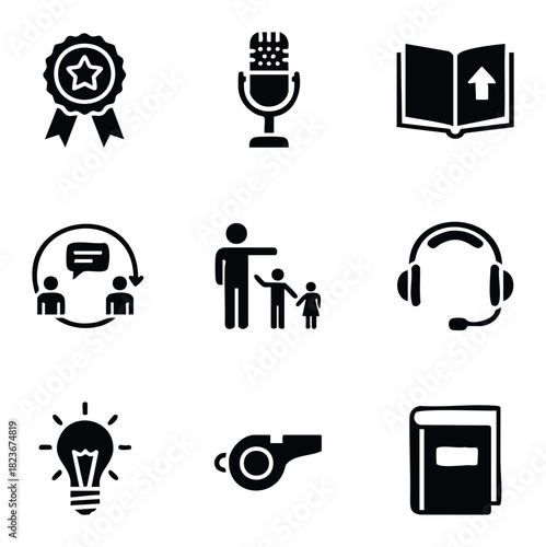 Collection of nine black and white icons representing education, communication, achievement, and ideas for your project needs.