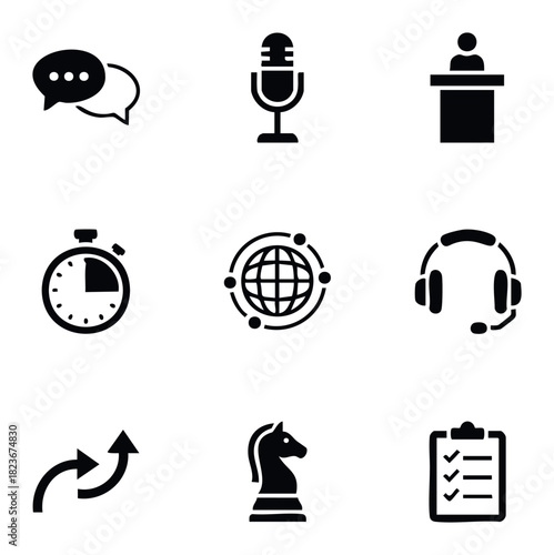 Collection of vector icons representing communication, performance, time management, global connectivity, customer support, strategic planning, and task completion for presentations and