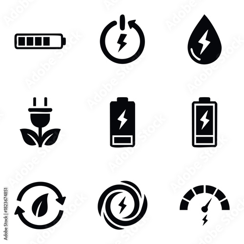Collection of energy related icons including battery levels, power button, water drop, plug, leaves, turbine, and meter for power consumption and renewable resources themes