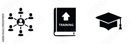 Collection of educational and professional development icons representing teamwork, learning, and achievement for business and academic applications