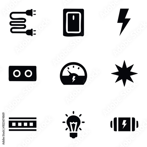 Collection of electrical icons including power plug, light switch, lightning bolt, power outlet, gauge, starburst, power strip, lightbulb, and battery for energy and technology concepts.