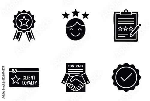 Set of business achievement icons including award ribbon, star rating face, clipboard with stars, client loyalty card, contract handshake, and approved seal for customer satisfaction and