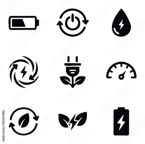 Collection of nine black icons representing energy, sustainability, and power indicators for use in modern technology and eco friendly applications.