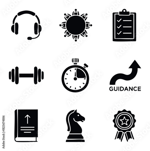 Collection of business and lifestyle icons including headphones, meeting, checklist, dumbbell, stopwatch, guidance, book, chess piece, and award for project management and personal growth
