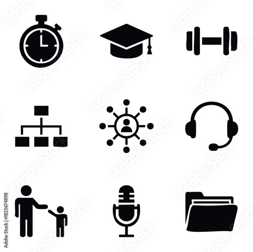 Collection of black icons representing time management education fitness organization communication support mentorship audio recording and document management for business and lifestyle