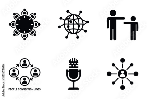 Collection of diverse icons representing global networking, team collaboration, communication, and social connections for business and technology applications