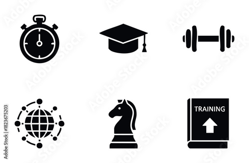 Collection of six black business and education icons for website use including stopwatch graduation cap dumbbell global network chess knight and training book