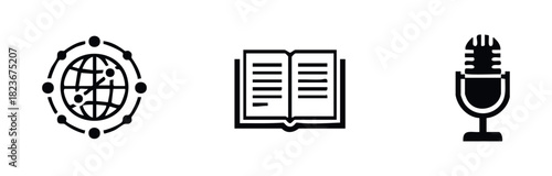 Collection of simple icons representing global connections, knowledge, and broadcasting, ideal for technology, education, and media platforms.