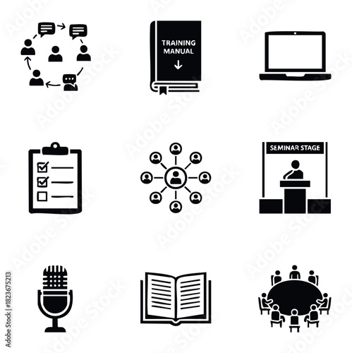 Collection of icons representing communication networking training manual laptop checklist social network seminar stage microphone open book and conference meeting for business and