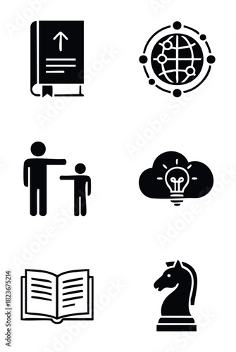 Collection of six diverse icons representing business education mentorship innovation and strategy for use in presentations and web content