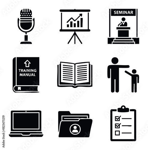 Collection of business and education icons representing seminars, training, and learning resources for professional development and academic pursuits