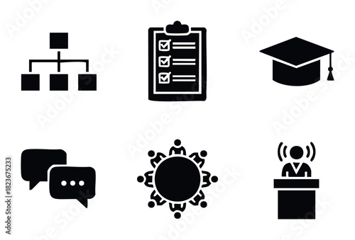 Collection of business and education icons representing organization, planning, graduation, communication, teamwork, and public speaking for presentations and websites.