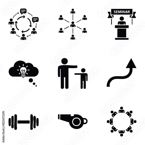Collection of icons representing teamwork collaboration mentorship learning growth fitness and leadership for business and personal development projects.