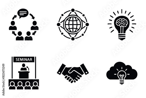 Collection of business and collaboration icons depicting teamwork ideas communication global networking seminar and partnership for corporate presentations and web use
