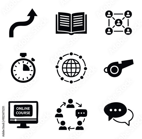 Collection of flat icons representing learning, communication, and progress for educational and business concepts, useful for online courses and professional development presentations.