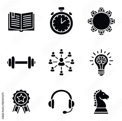 Collection of black glyph icons representing business, education, strategy, and health for use in web and graphic applications.