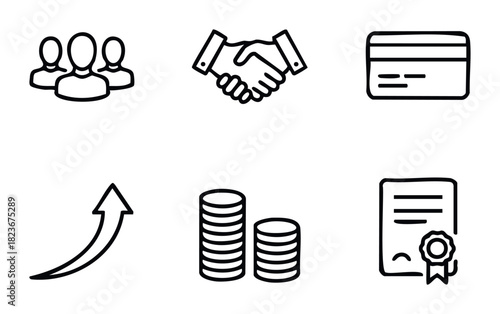 Collection of six business and finance icons including people group handshake credit card growth graph coins and certificate for use in presentations websites and apps