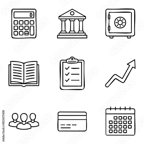 Collection of financial and business icons including calculator bank safe open book checklist growth graph people credit card and calendar for finance and banking concepts