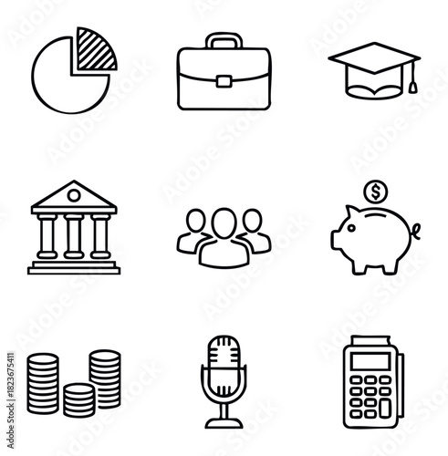 Collection of business and finance icons including pie chart, briefcase, graduation cap, bank, piggy bank, coins, microphone, and payment terminal, representing financial growth and success