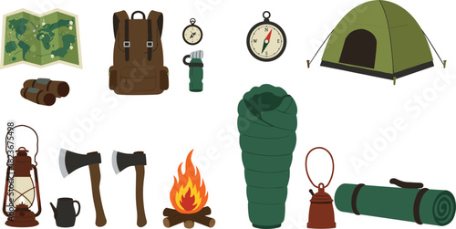 Camping equipment illustration set with backpack, tent, sleeping bag, axes, campfire, compass, lantern, map, binoculars and outdoor travel essentials