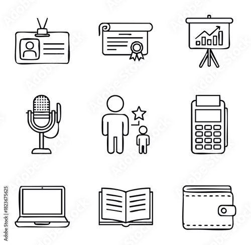 Set of business and finance icons including id badge, certificate, presentation board, microphone, people, payment terminal, laptop, book, and wallet for a professional workflow