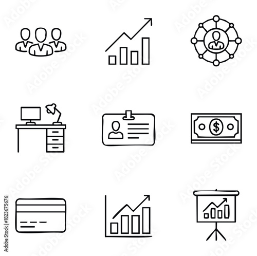 A collection of business and finance icons including teamwork, growth charts, employee profile, desk setup, money, and credit. Perfect for presentations, websites, and reports to visually