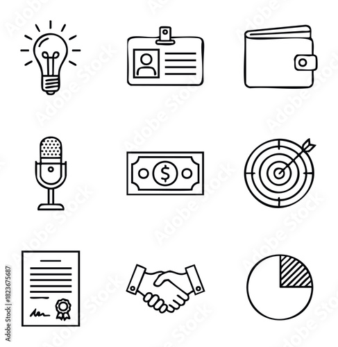 Business and finance icons including a light bulb for ideas, a wallet for money, a microphone for communication, and a handshake for partnership to represent company growth and success
