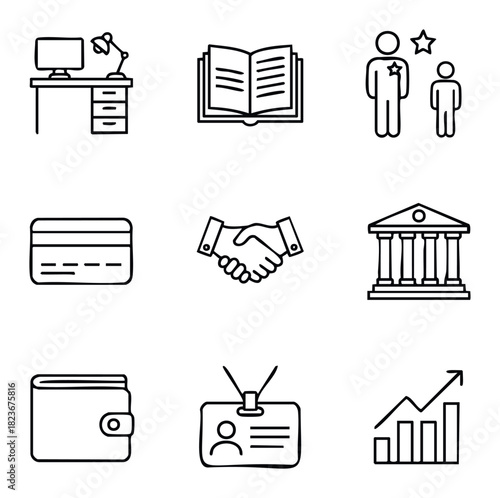 Collection of office and business icons for presentations and websites including desk computer, book, people, credit card, handshake, bank, wallet, id badge and graph