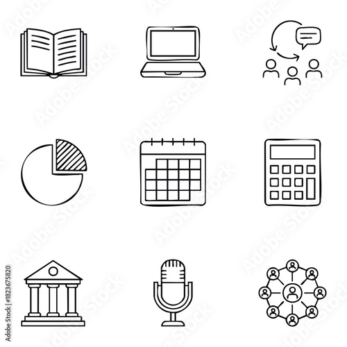 Collection of nine simple icons representing education business technology and communication for presentations and websites