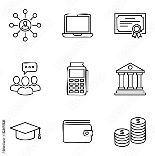 Collection of simple line icons representing business, finance, education, and networking concepts for digital and print applications, offering versatile usage for presentations and