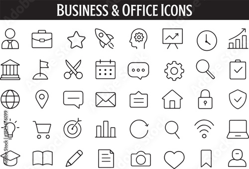 Business & Office Icons: Minimal Line Art Vector Set