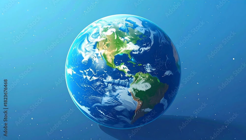 Fototapeta premium Stylized illustration of Earth showing North and South America in space, set against a gradient blue backdrop