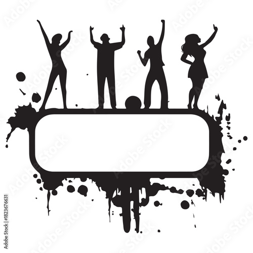 Celebration Silhouette Banner Clipart – Dancing Figures with Grunge Frame for Youth & Event Designs