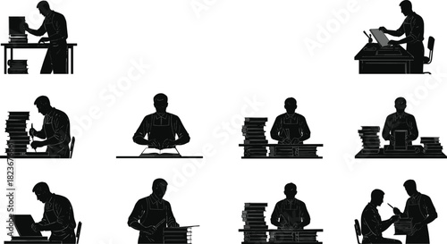 Collection of bookbinding worker illustrations showing manual book restoration, craftsmanship, paper repair, binding techniques, and traditional publishing labor scenes