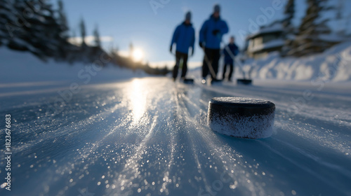 Dynamic outdoor winter sports composition of curling with players in jackets sweeping ice, sliding stones toward the target, breath visible in cold air, snow-dusted environment, and glowing sunrise am