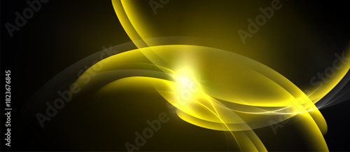 Abstract golden swirls, luminous energy radiating from center. Dark background emphasizes bright curves, creating dynamic visual effect.