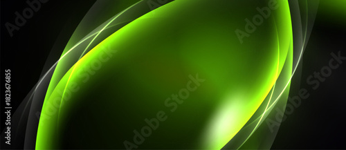 Abstract green waves, smooth curves, dark background. Bright highlights create dynamic visual effect. Modern design element.