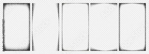 Set of vertical gradient noise background with fade grainy effect dust. Realistic transparent overlays with gritty stipple textures. Vector retro aesthetic frames